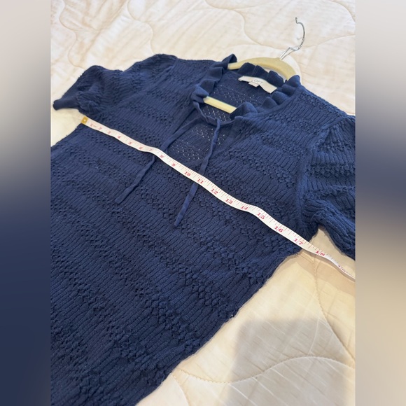 LOFT Pointelle Tie Neck Sweater Tee - Blue - Medium - Picture 7 of 7